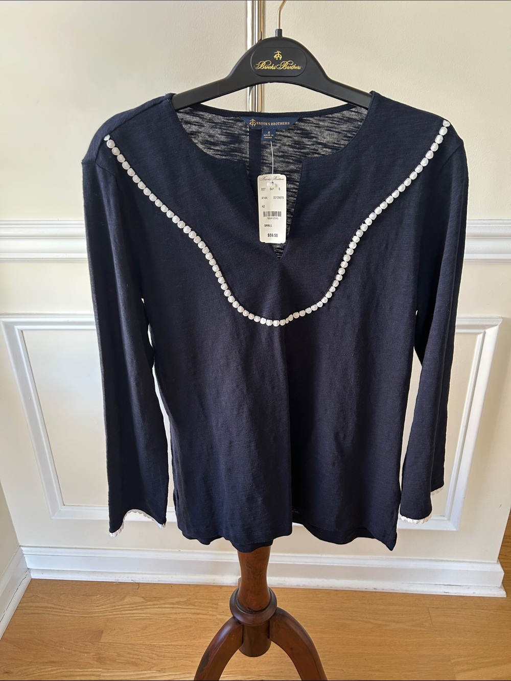 Brooks Brothers Navy Long-Sleeve Top with Pearl Trim
